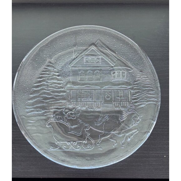 Other - Clear Glass Holiday Decorative Plate With Sleigh Scene & Victorian House Design